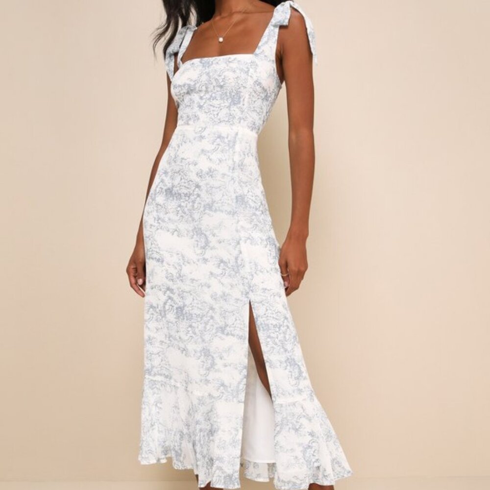 Lulus Summer Invite White And Blue Toile Tie-strap Tiered Midi Dress - Size XL